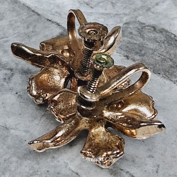 Vtg Jack In The Pulpit Screw Earrings Matching Brooch Set Gold Tone Iris Bundle - Picture 8 of 14